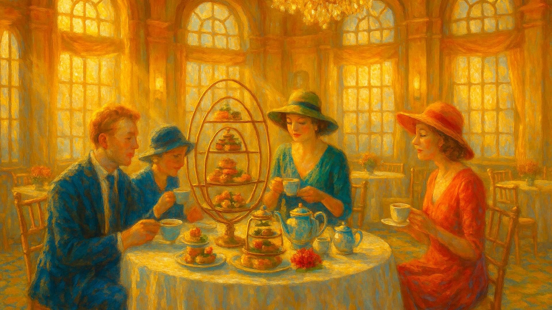 Artistic rendering of guests at a table with afternoon tea under a chandelier at Warwick Allerton Chicago