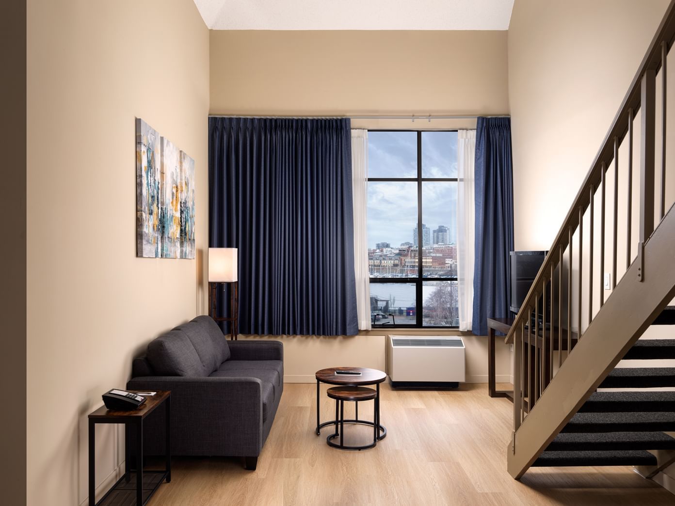 Cambridge Loft Living Room and View of Inner Harbour