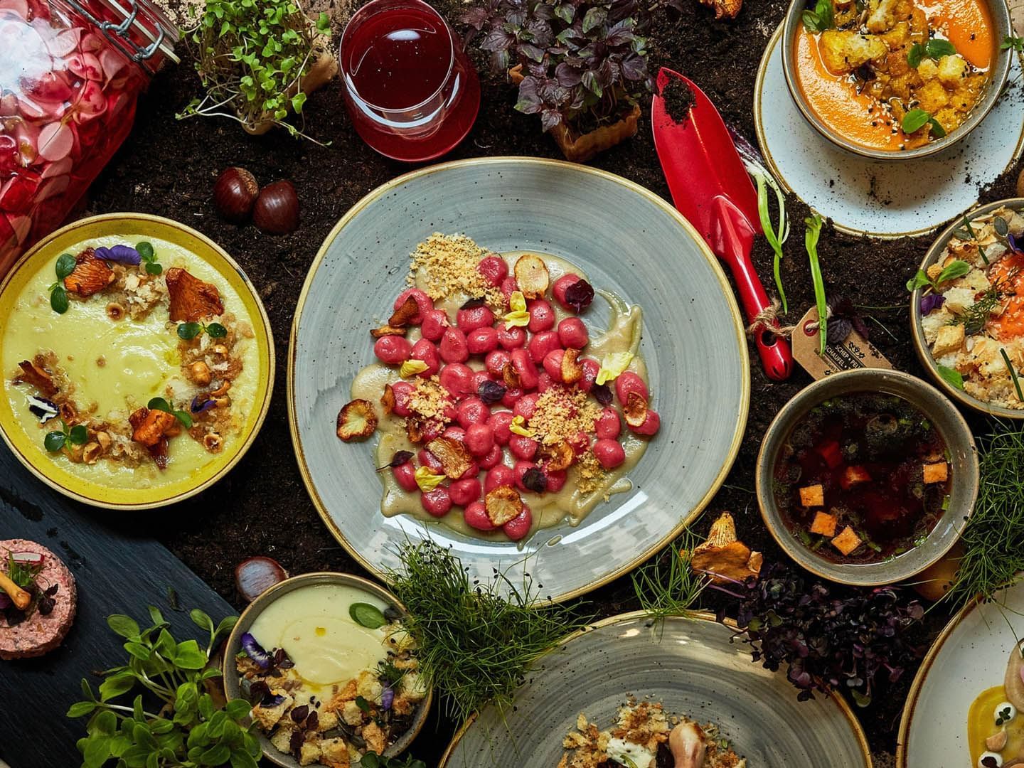 Spread of gourmet dishes featuring colorful vegetables, sauces, and garnishes arranged in Aromaticus near The Glam Hotel