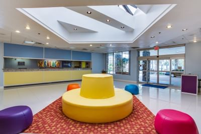 Hotel lobby with colorful seating