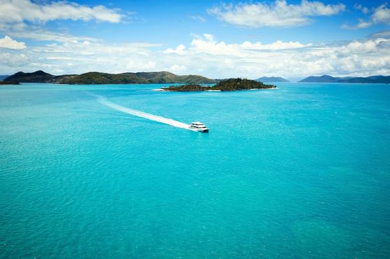 Distant view of a Speed boat passing the Daydream Island