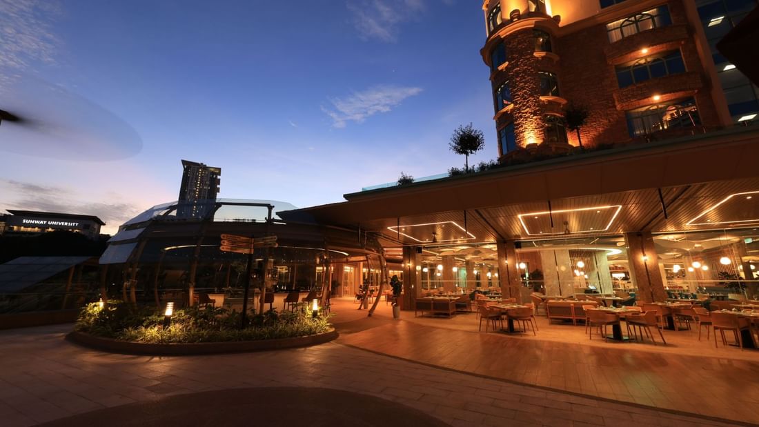 Exterior of Sunset Terrace at night at Sunway Resort