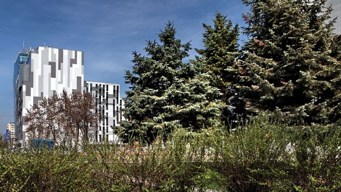 Distant exterior view of the Falkensteiner Hotel Belgrade with cypress trees on a sunny day