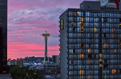 Night view of the façade of Warwick Seattle Hotel