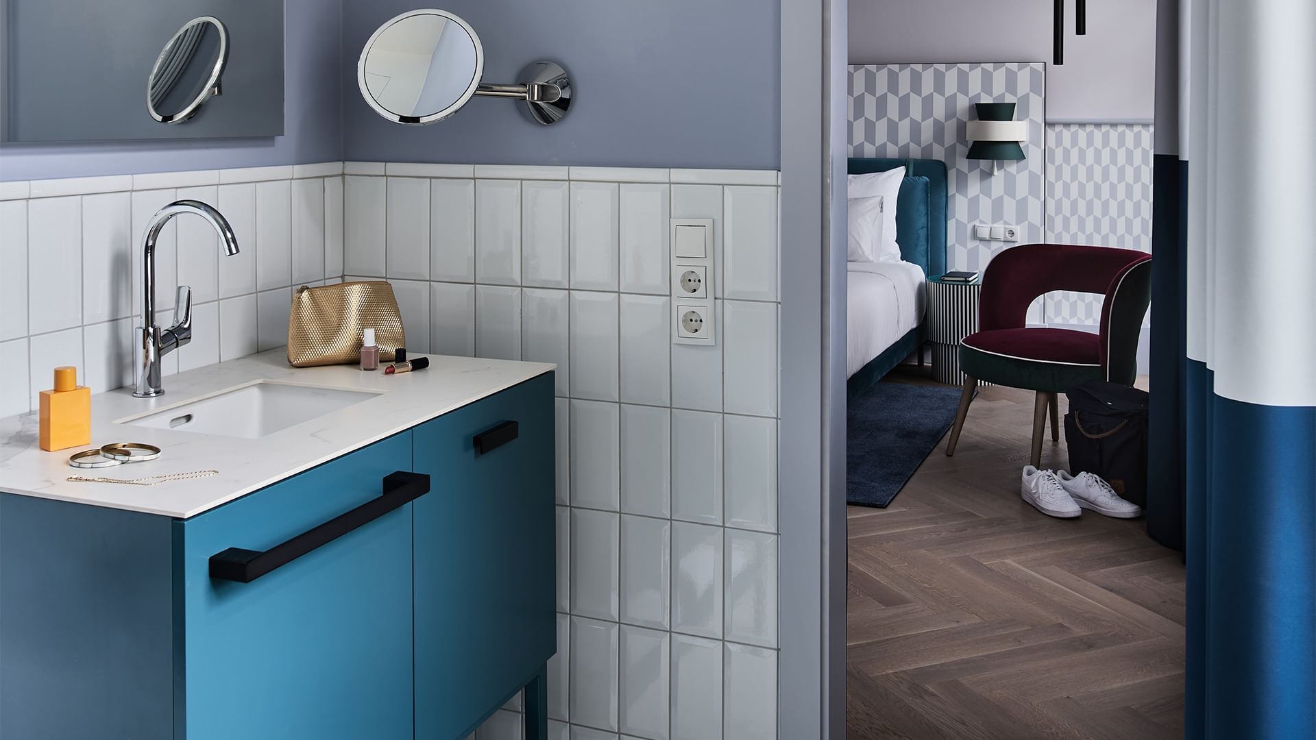 Bathroom vanity area in Superior Room at Falkensteiner Hotels