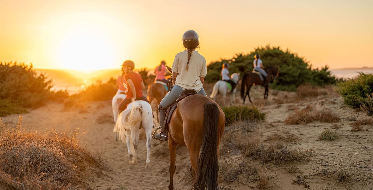 People riding on horses under the sunset
