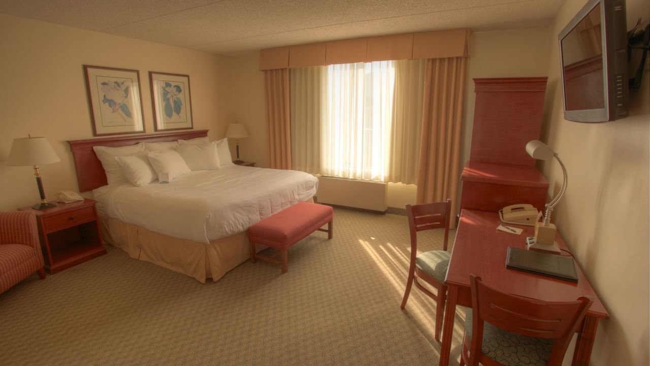 King bed and desk in hotel room