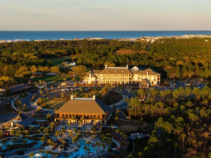Aerial view of Camp Creek Inn at sunset