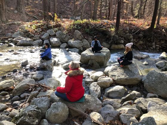 People meditating by a stream near Honor’s Haven Retreat