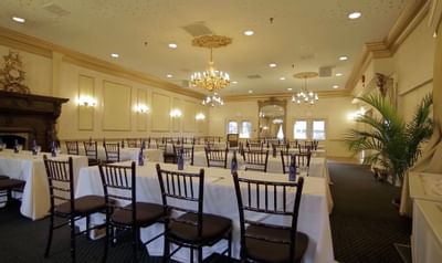 Classroom-style table layout in a ballroom at Inn at Saratoga