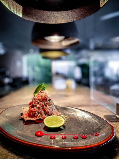 Plato gourmet de mariscos decorado con lima, servido bajo una elegante luz colgante en el Sunset Plaza Beach Resort, uno de los mejores hoteles con vistas a la playa en Puerto Vallarta