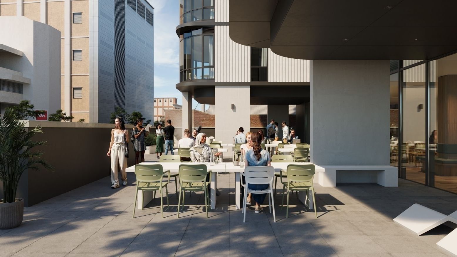 Rendering of an outdoor terrace with people seated at tables, surrounded by modern buildings.