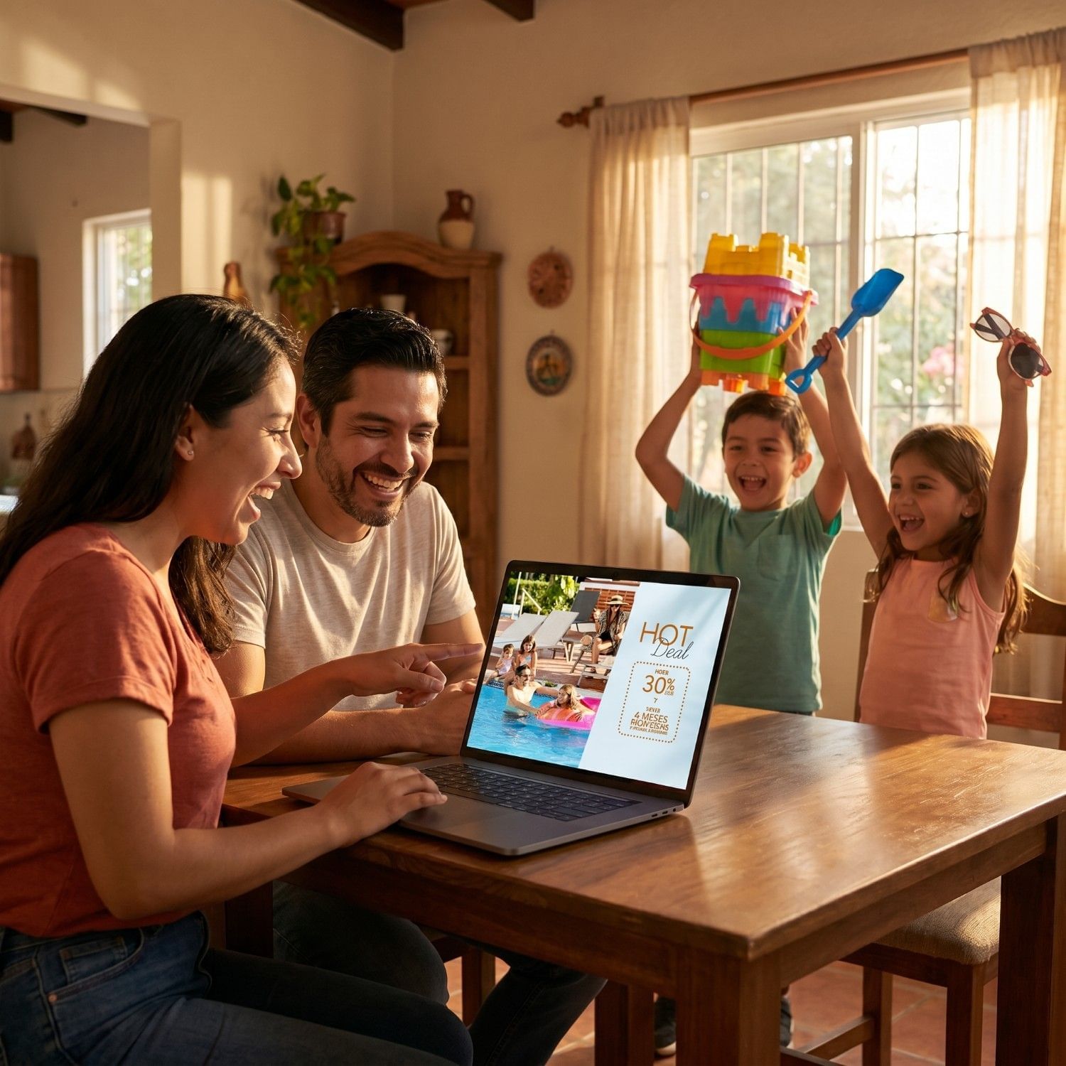 Mexican family excitedly booking their summer vacation after discovering the Buenaventura Grand Hot Deal in Puerto Vallarta.
