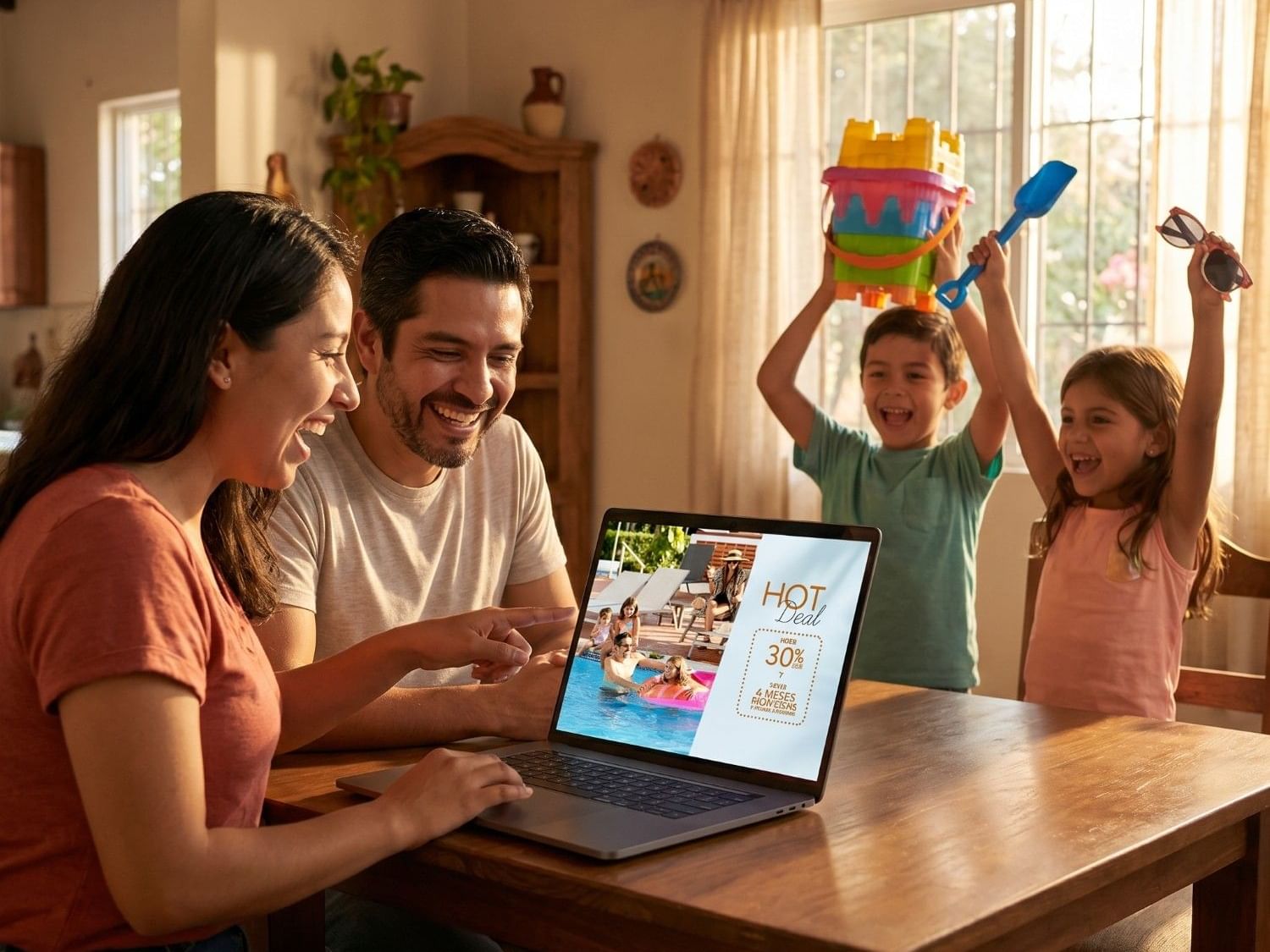 Familia mexicana emocionada reservando sus vacaciones de verano después de encontrar el Hot Deal de Buenaventura Grand en Puerto Vallarta.