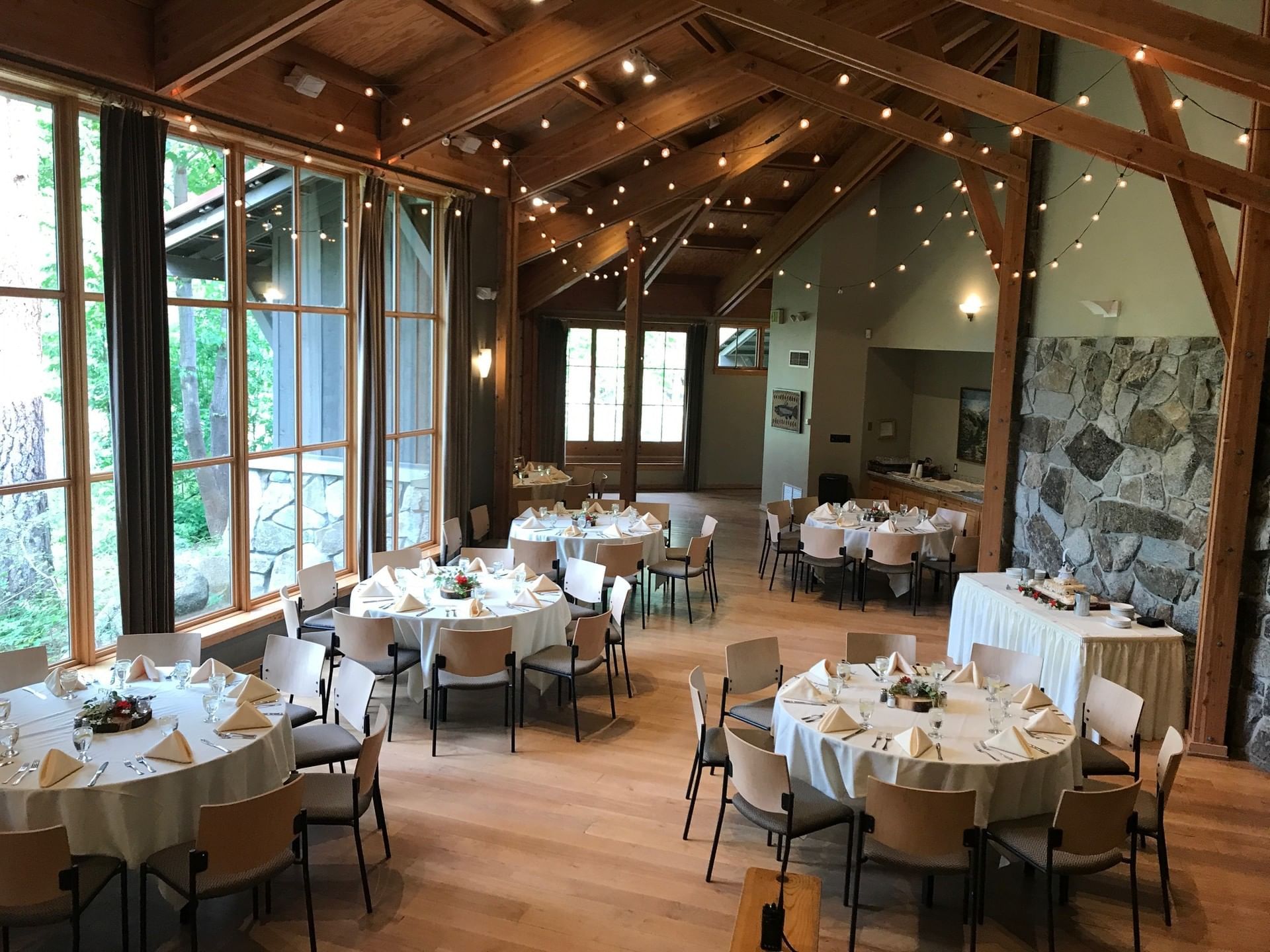 Banquet table setup in Salmon Gallery at Sleeping Lady