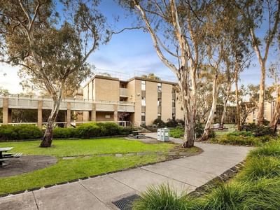 La Trobe University - Glenn College campus view with picnic tables and tall trees.