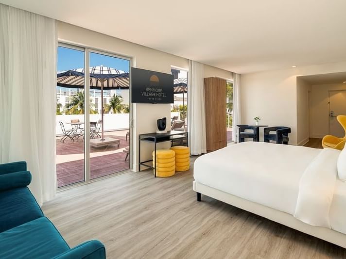 Deluxe King Terrace with a king bed at Kenmore Village Hotel South Beach, one of the Art Deco hotels, Miami, FL