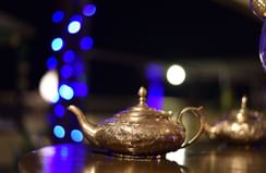 Brass teapots in Nazara Restaurant at Peshawar Serena Hotel