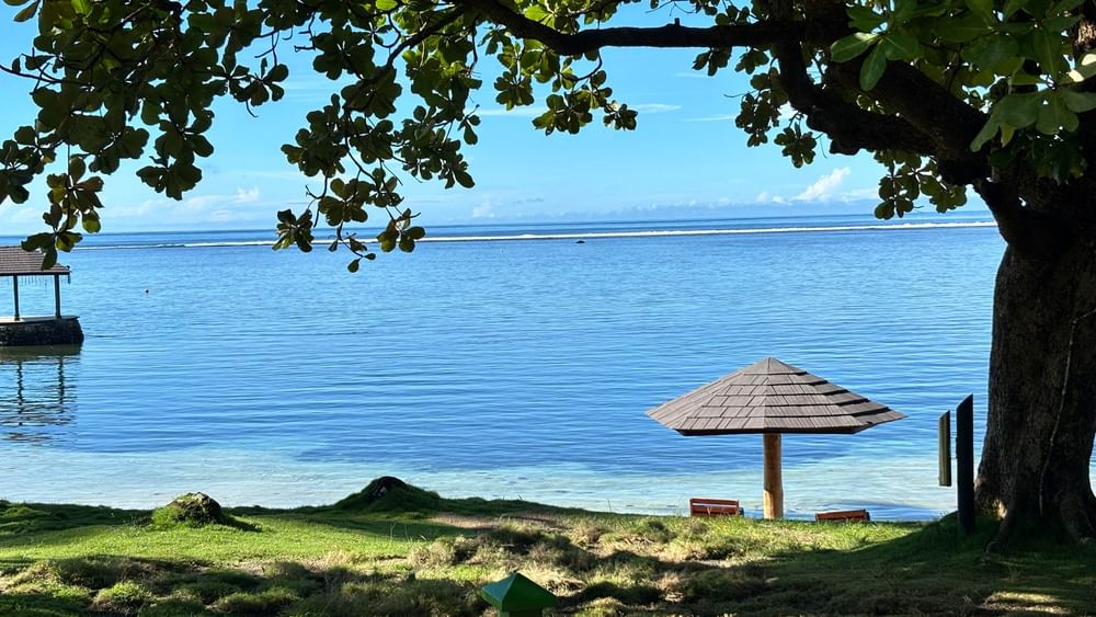 Umbrellas and benches on sand beach at Warwick Fiji Resort and Spa in Korolevu.