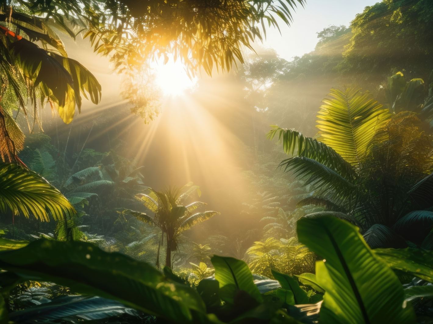 Sunrise beams filtering through a tropical forest with lush green foliage near Central Hotel Bocas Del Toro