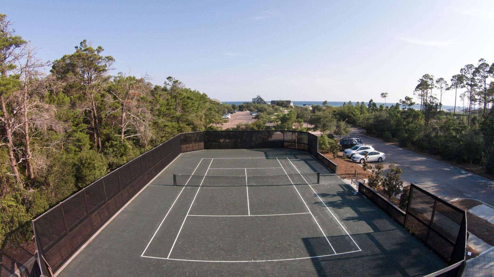 Aerial view of the tennis court at Watersound Inn
