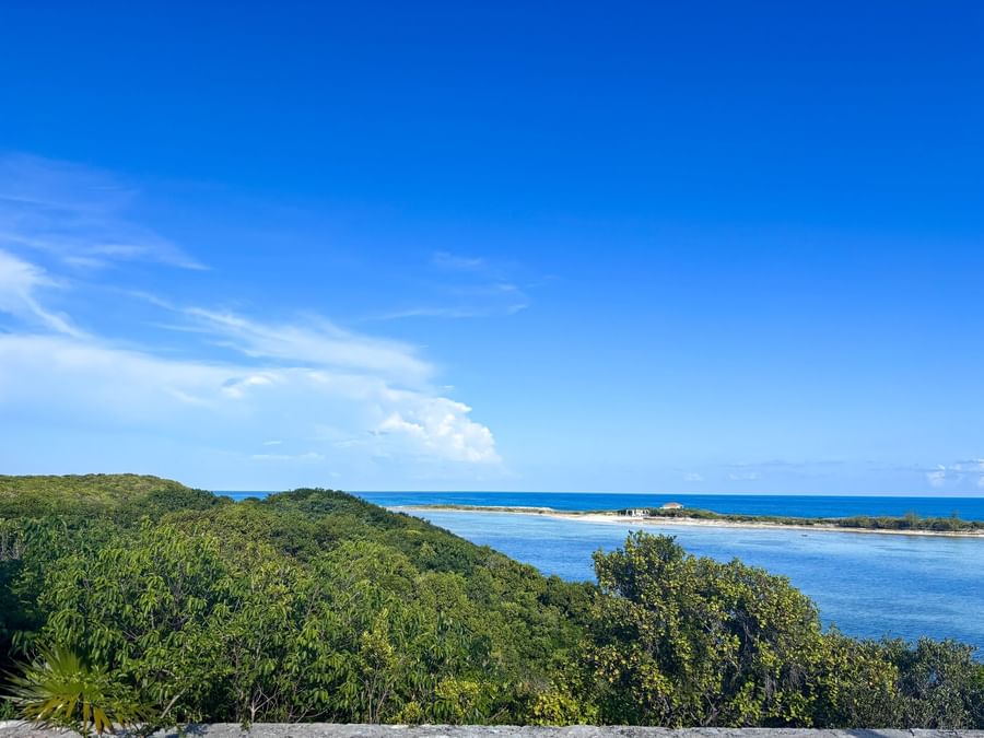 Lush green hills by the blue ocean under a clear sky near the sandy coastline near Warwick Paradise Island Bahamas