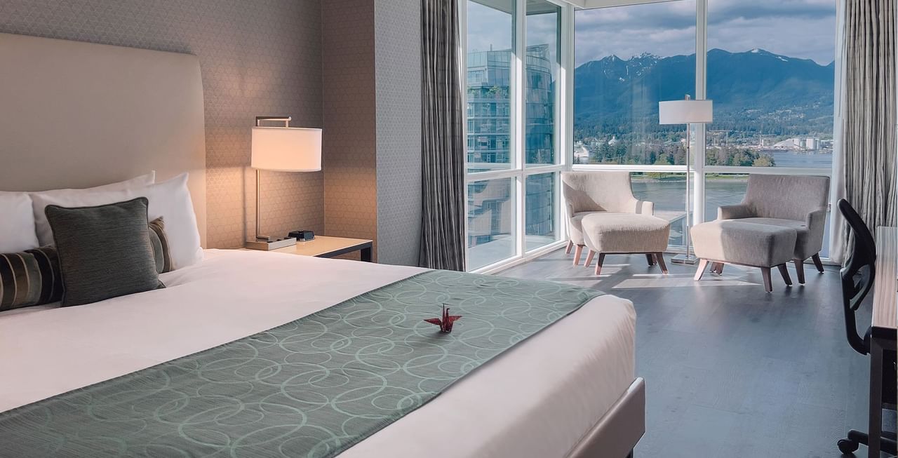 Coast King With View Hotel Room at Coast Coal Harbour Vancouver Hotel by APA, featuring modern amenities and scenic views. [Courtesy Coast Coal Harbour Vancouver Hotel by APA]