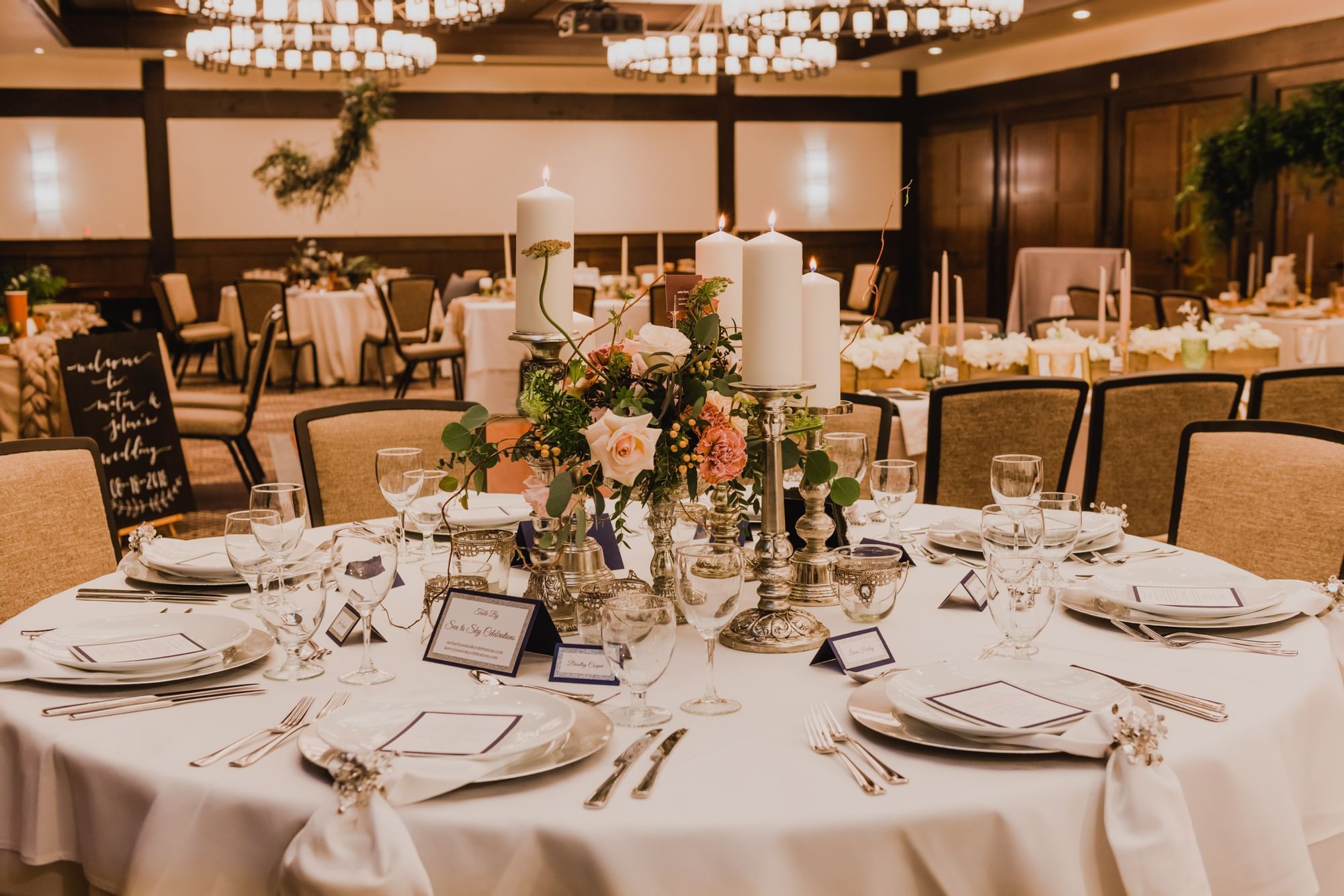 Banquet table arrangement for a wedding at Nita Lake Lodge