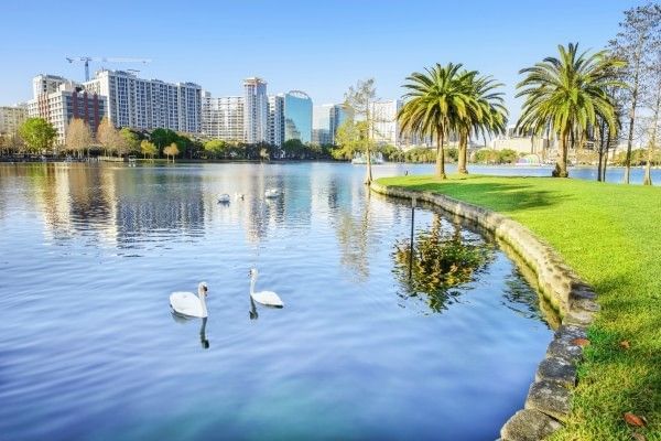 Cityscape views reflecting on sparkling water at Lake Eola Park near Rosen Inn International, a budget-friendly hotel on International Drive in Orlando.