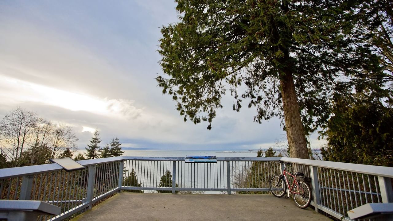 Bike against fence with view of ocean