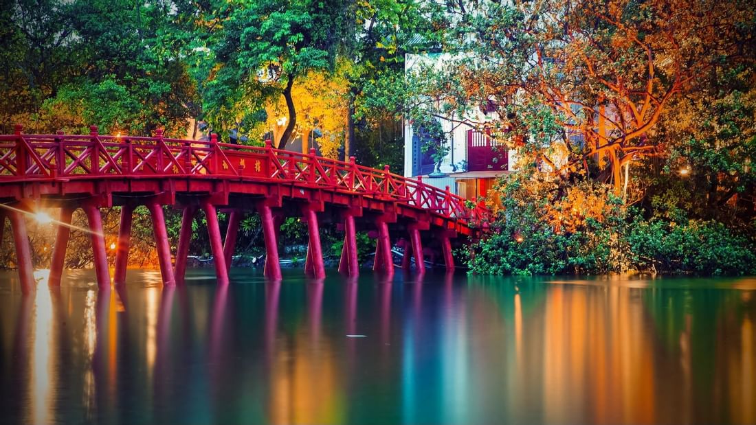 Wooden bridge with a red in railing Ngoc Son Temple near Sunway Hotel Hanoi