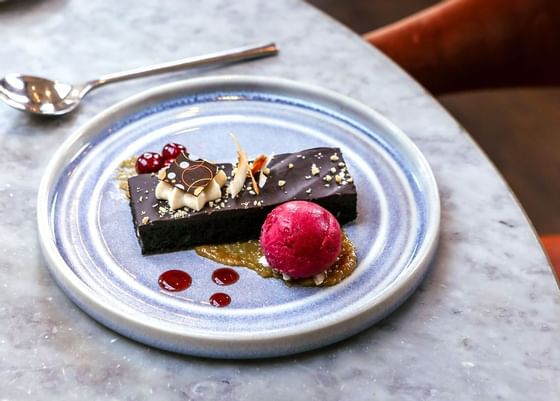 Closeup of a chocolate desert served at Richmond Hill