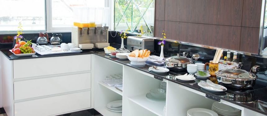 Food kept on the pantry cupboard at café in Empress Hotel