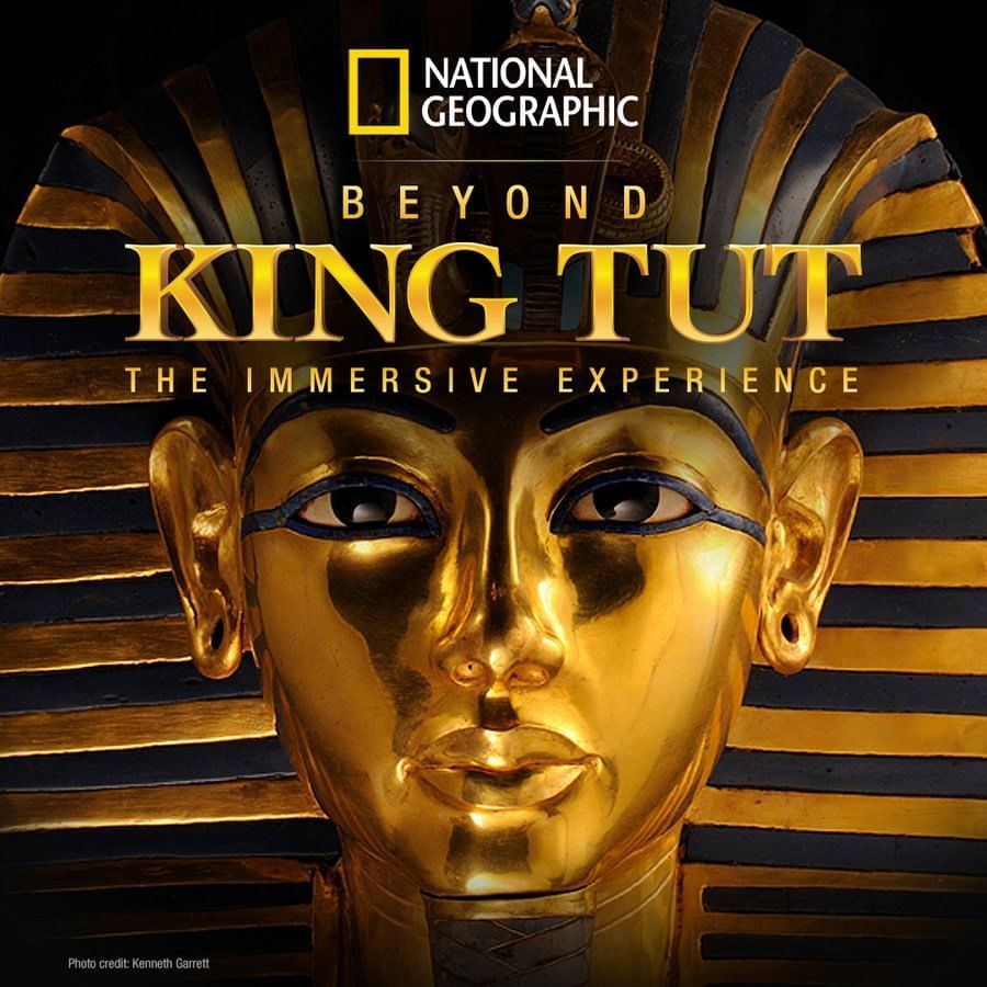 Poster used for Beyond King Tut with a background of a mask of King Tut, Boston top attractions near Eliot Hotel