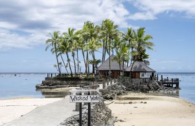 Tropical beach scene with palm trees and a hut at Warwick Fiji Resort and Spa.