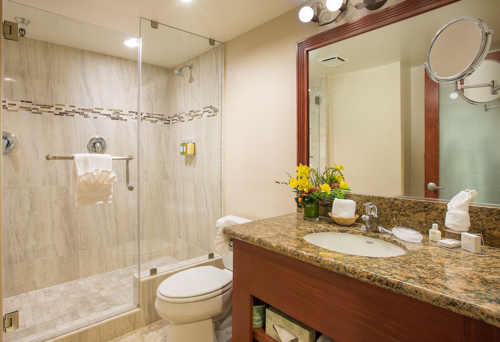 Sink, shower and toilet in modern bathroom