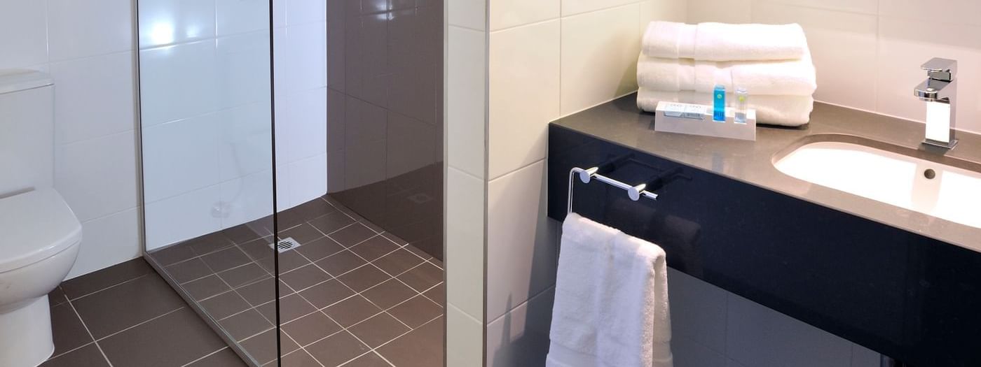 Vanity and the Shower in suite at Novotel Melbourne on Collins