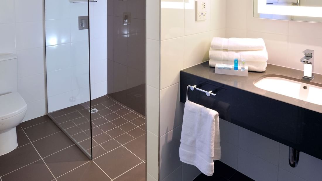 Vanity and the Shower in suite at Novotel Melbourne on Collins