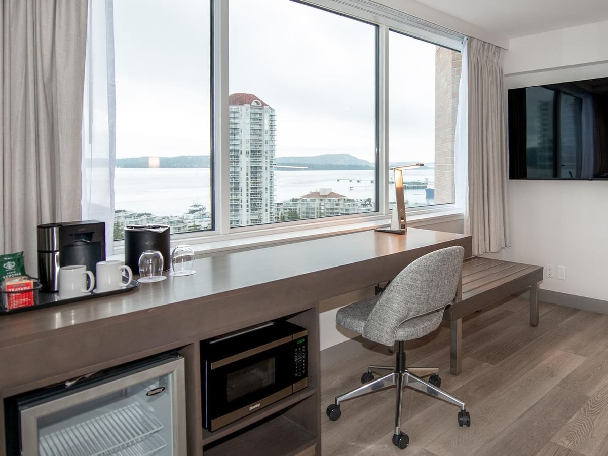 Ocean view from the office area in Coast Premium Two Queens room at Coast Bastion Hotel in Nanaimo.
