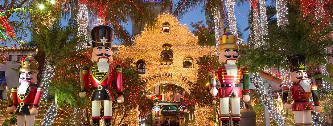 Mission Inn entrance decorated with christmas lights