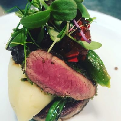 Close-up of a steak dish in a menu at Orsett Hall Hotel