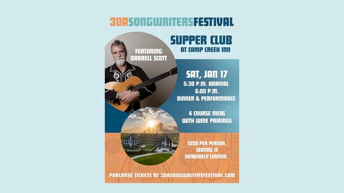 Poster for 30A Songwriters Festival Supper Club event at Camp Creek Inn.