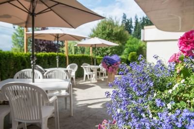 White tables set on the patio with blooming purple flowers beside the umbrella at Hilltop Inn Salmon Arm