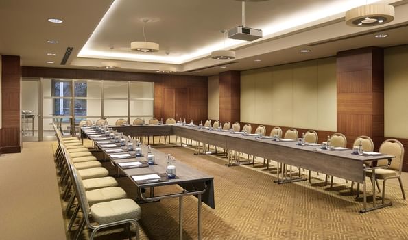 Titanic Business Kartal'ın Borneo 1 salonu, profesyonel toplantılar için sandalyelerle birlikte U şeklinde düzenlenmiş masa yerleşimiyle ideal bir ortam sunuyor.