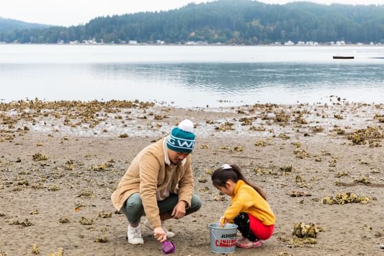 Father and daughter playing with sand on the beach near Alderbrook Resort & Spa