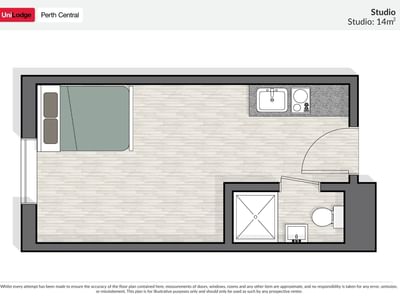 Floor plan of a 14 square meter studio apartment with bed, kitchenette, and bathroom at UniLodge Perth Central
