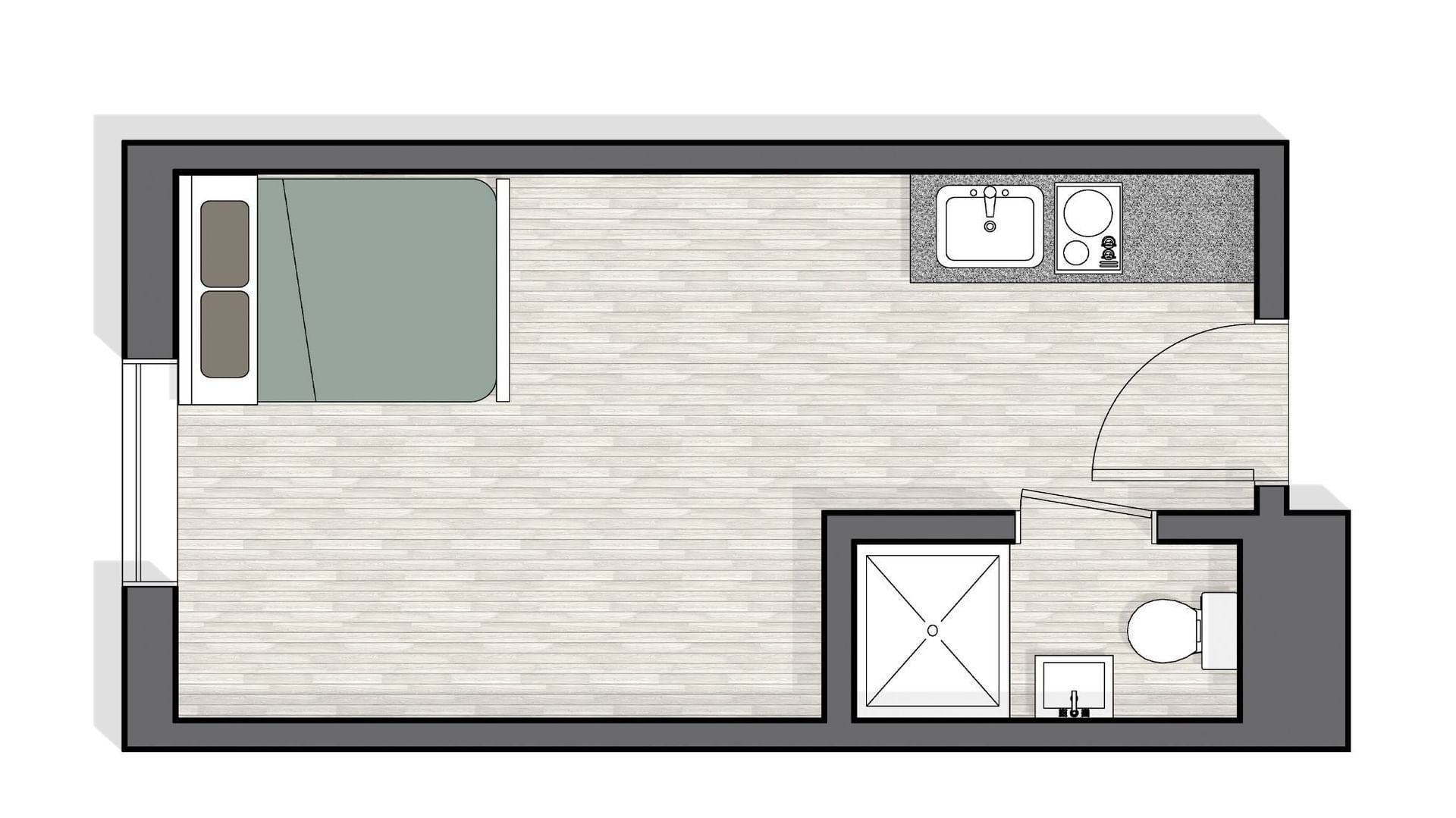 Floor plan of a 14 square meter studio apartment with bed, kitchenette, and bathroom at UniLodge Perth Central