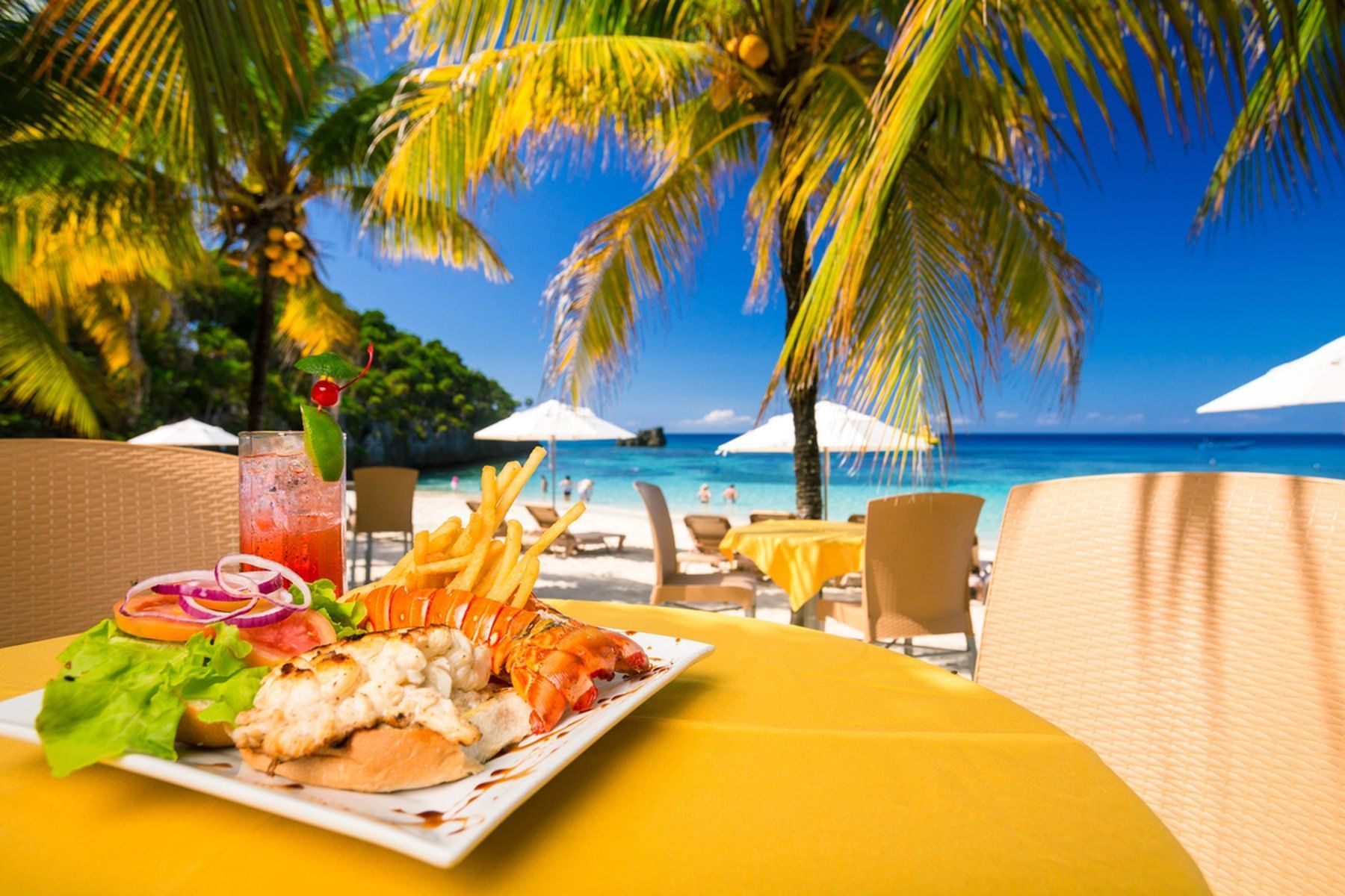 table with food near beach