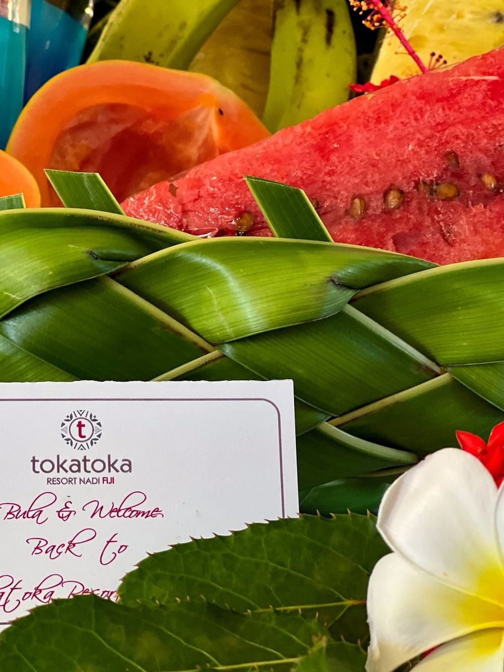 Tropical fruit basket with welcome note from Tokatoka Resort Nadi Fiji at Tokatoka Resort - Fiji International Airport.