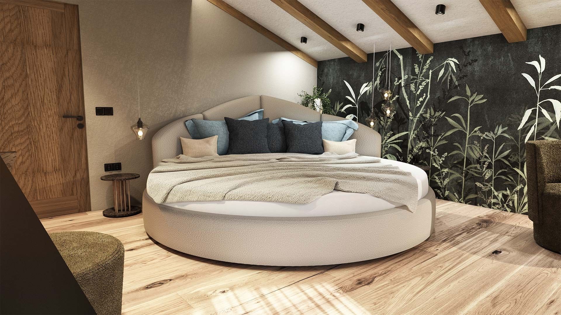Camera da letto moderna con letto rotondo, parete decorata e pavimento in legno.